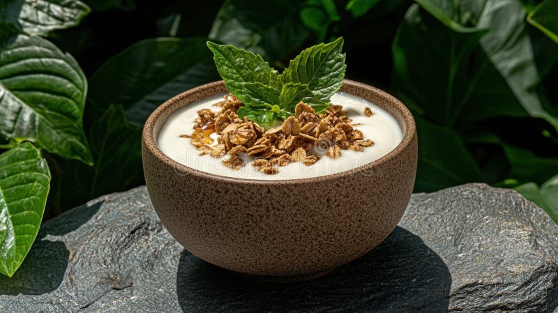 Schließung einer Schüssel Jogurt mit Granola und Minze lizenzfreie abbildung