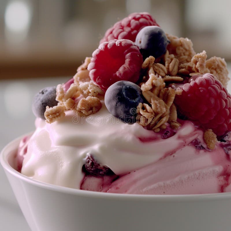 Schließung einer Schüssel Jogurt mit Himbeeren Heidelbeeren und Granola vektor abbildung