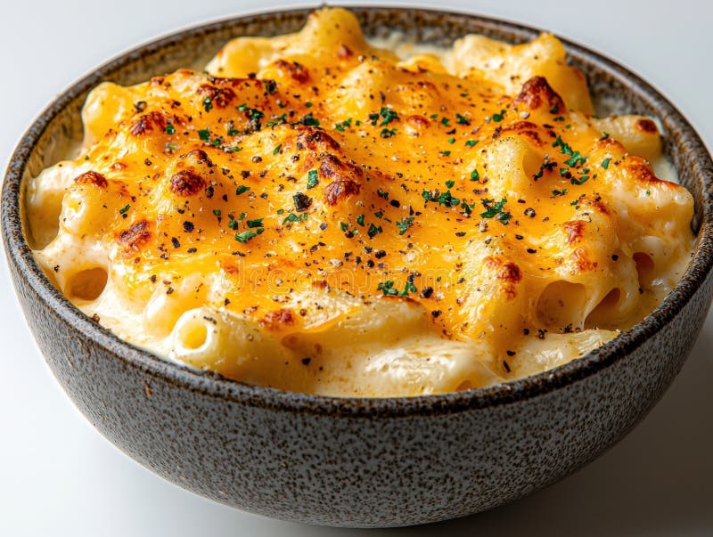 Schließung einer Schüssel mit cremiger Makkaroni und Käse mit geschreddertem Käse und Petersilie vektor abbildung