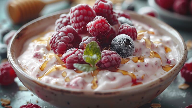 Schließung einer Schüssel mit Himbeeren und Honig lizenzfreie abbildung