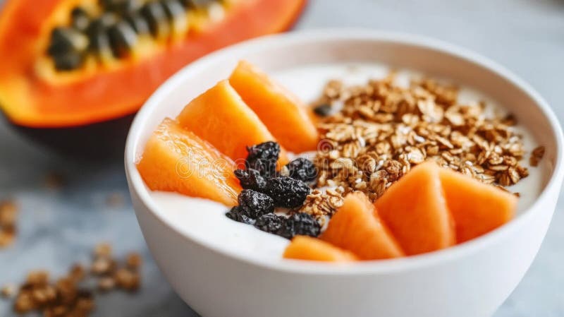 Schließung einer Schüssel Yogurt mit Granola und Papaya stock abbildung