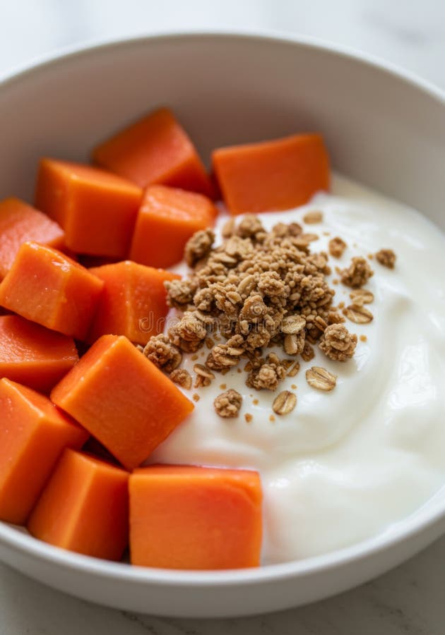 Schließung einer Schüssel Yogurt mit Papaya und Granola vektor abbildung