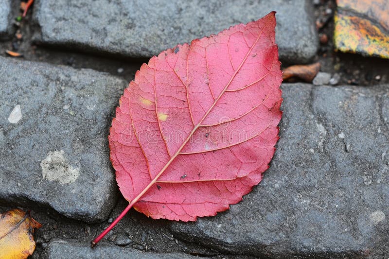 Schließung eines lebhaften rosa Blattes, das auf einer grauen Kopfsteinpflasterstraße liegt und das Herzstück des Herbstes einnimm stockbild