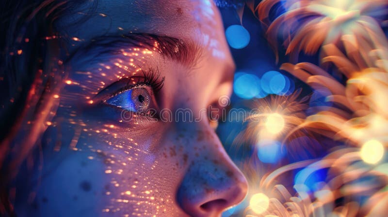 A closeup of a womans eye showcasing Christmas lights reflected in her iris. Her eyelashes are coated with electric blue mascara, complementing the festive eye makeup AIG50 AI generated. A closeup of a womans eye showcasing Christmas lights reflected in her iris. Her eyelashes are coated with electric blue mascara, complementing the festive eye makeup AIG50 AI generated
