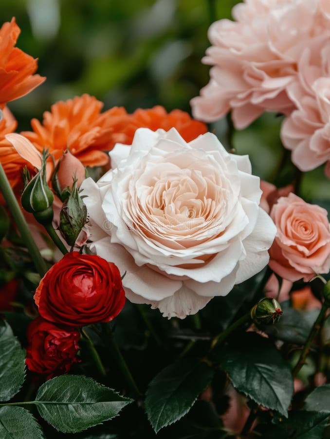 Schließung eines wunderschönen Rosenbukets in voller Blüte. stock abbildung