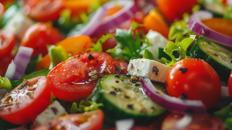 Schließung frischer griechischer Salat Schließung frisch griechischer Salat Tomaten Gurken Zwiebeln Fötus Käse rustikale hausgemac lizenzfreie abbildung