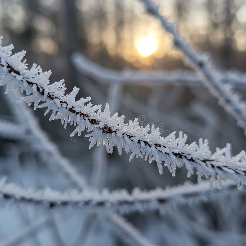 Schließung frostbedeckter Zweige mit zartem kristallinem Eis stock abbildung