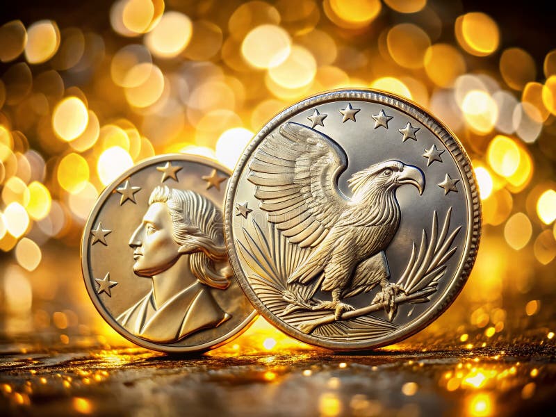 Schließung glänzender Silbermünzen und goldener amerikanischer Adlermünzen Exquisite Details und Bokeh Hintergrund Verbessern die vektor abbildung