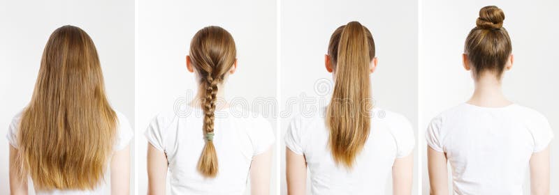 Schließung kaukasischen Haartyp verschiedene Haarstyles Ponyschwanzbun Rückenlehne isoliert auf weißem Hintergrund. Ponyschwanz. stockfoto