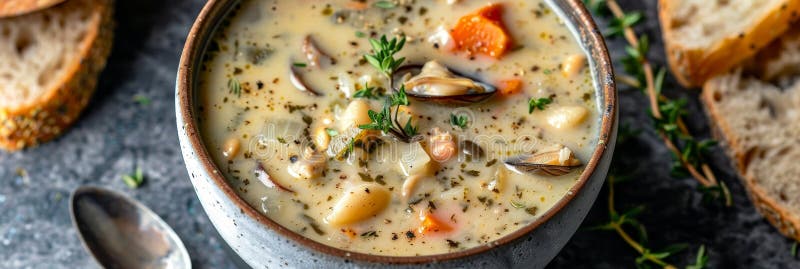 Schließung von cremiger Muschelsuppe mit Muscheln Kartoffeln und frischem Thymian in rustikaler Schüssel vektor abbildung