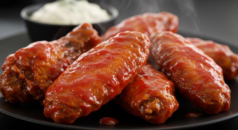 Schließung von Rot-Spicy-Hühnerwings auf einer dunklen Platte lizenzfreie abbildung