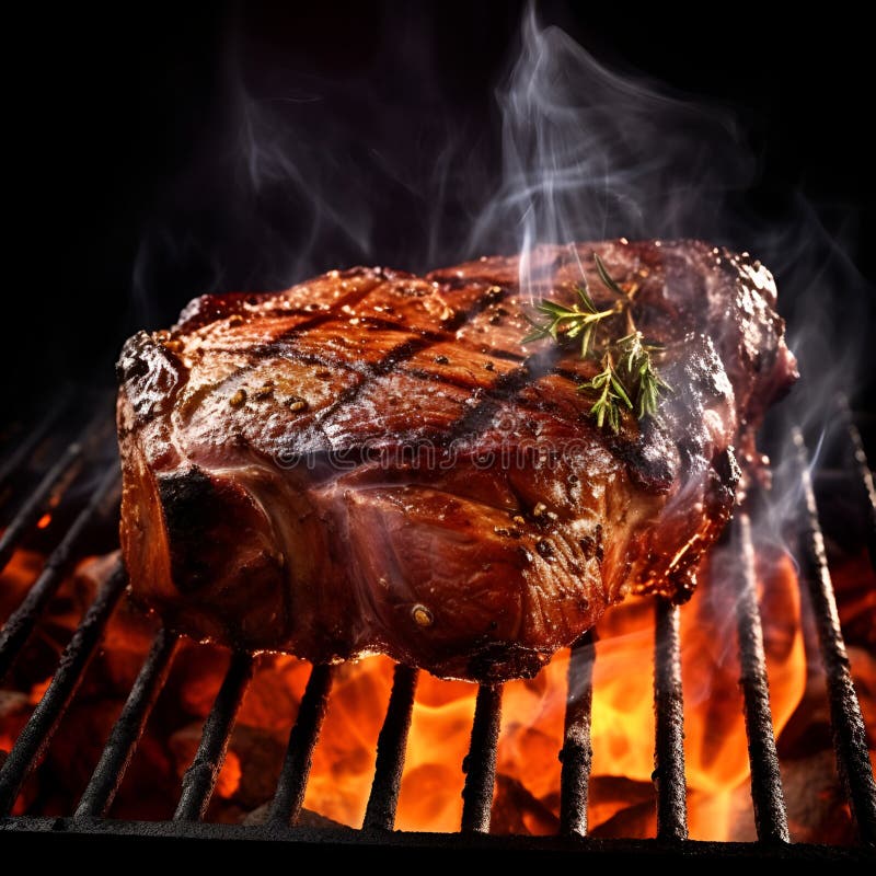Schließung von saftigem Rindsteak auf Grill mit Rauch und Flammen. gegrilltes Riesengebratenes Grillgebäck oder Ribeye-Steak vektor abbildung
