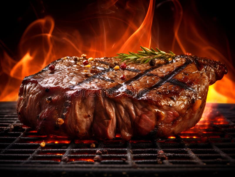 Schließung von saftigem Rindsteak auf Grill mit Rauch und Flammen. gegrilltes Riesengebratenes Grillgebäck oder Ribeye-Steak vektor abbildung
