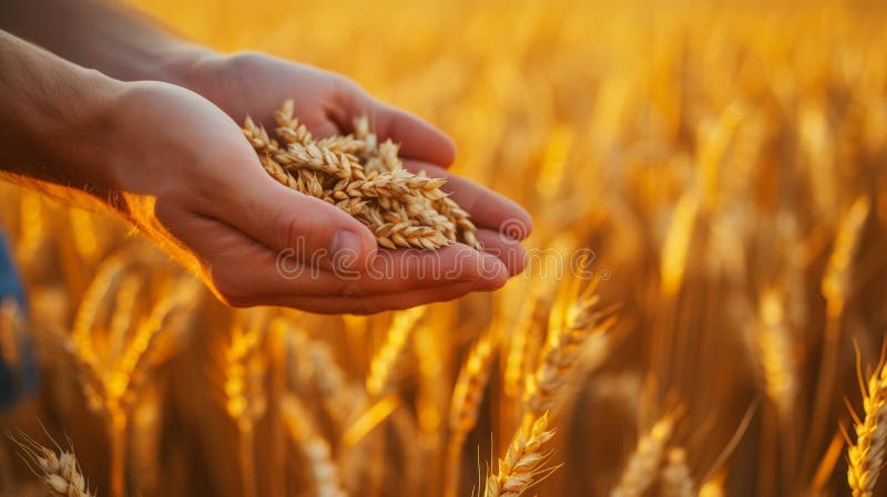 Schließung von Weizenkörnern in Handflächen auf Weizenfeld-Hintergrund. Konzept der ländlichen Ernte. generative Hilfe vektor abbildung