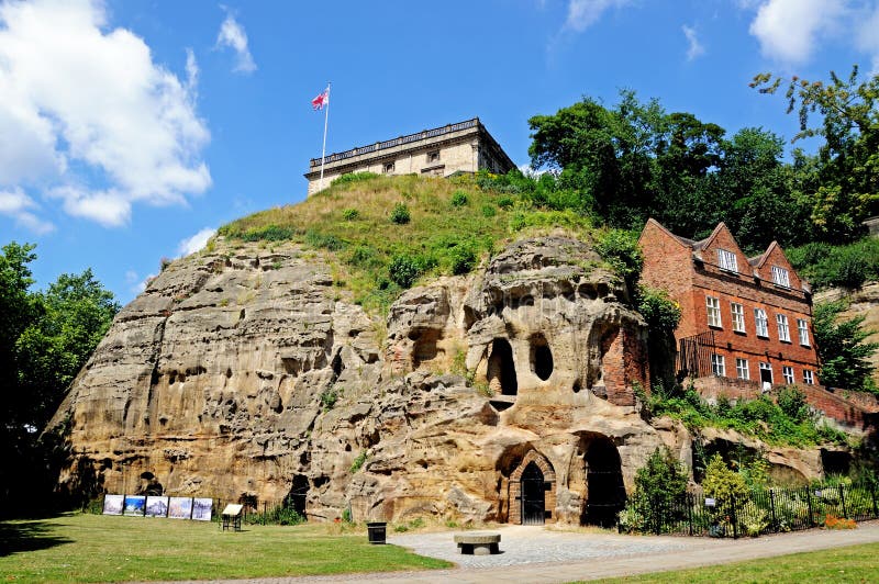 View of the castle on top of the castle mound caves in castle rock, Nottingham, Nottinghamshire, England, UK, Western Europe. View of the castle on top of the castle mound caves in castle rock, Nottingham, Nottinghamshire, England, UK, Western Europe.