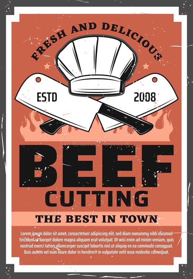 Beef cutting, butchery shop vintage retro poster. Vector barbecue picnic and beefsteak meat grocery store, chef cooking hat, kitchen hatchet knifes and BBQ grill fire. Beef cutting, butchery shop vintage retro poster. Vector barbecue picnic and beefsteak meat grocery store, chef cooking hat, kitchen hatchet knifes and BBQ grill fire