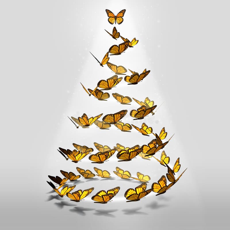 Butterfly Christmas tree as a magical winter holiday group of butterflies shaped as an evergreen pine as a festive seasonal symbol for hope and joy in the new year as a 3D illustration. Butterfly Christmas tree as a magical winter holiday group of butterflies shaped as an evergreen pine as a festive seasonal symbol for hope and joy in the new year as a 3D illustration.