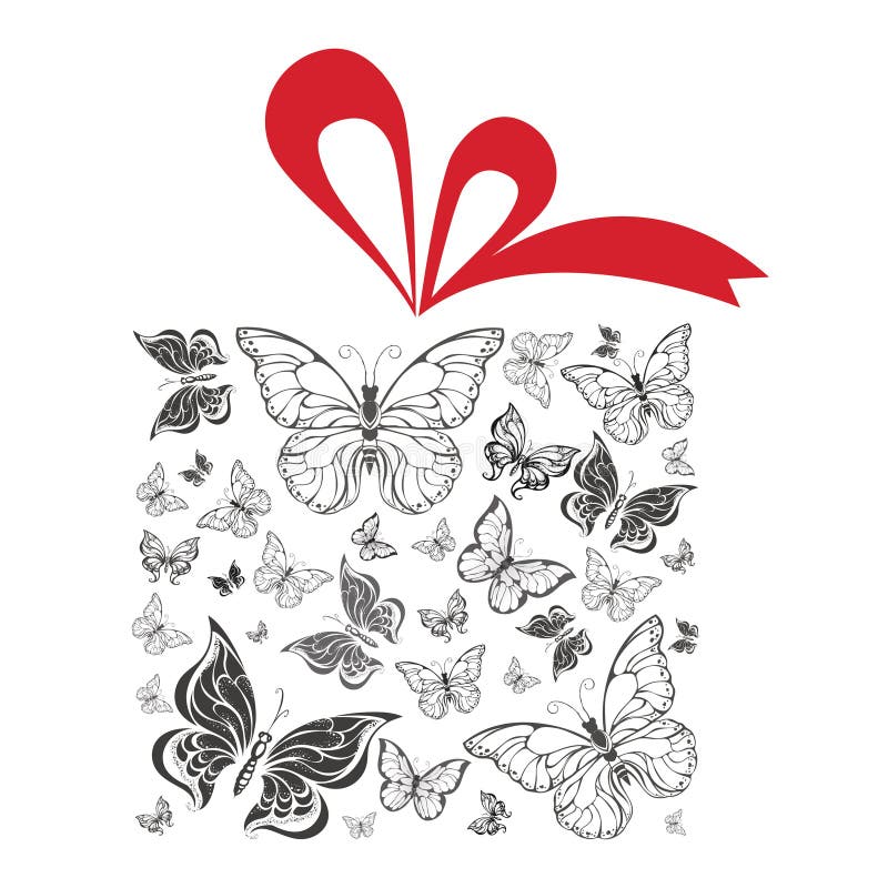 Schmetterlingsgeschenkbox mit roter Bandvektorillustration lizenzfreie abbildung Schmetterlingsgeschenkbox mit roter Bandvektorillustration lizenzfreie abbildung