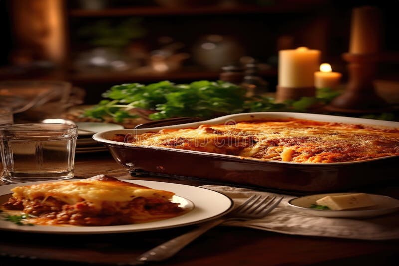 Schmucke, hausgemachte Lasagna Knoblauch Familienessen Tisch generativen ai ai vektor abbildung