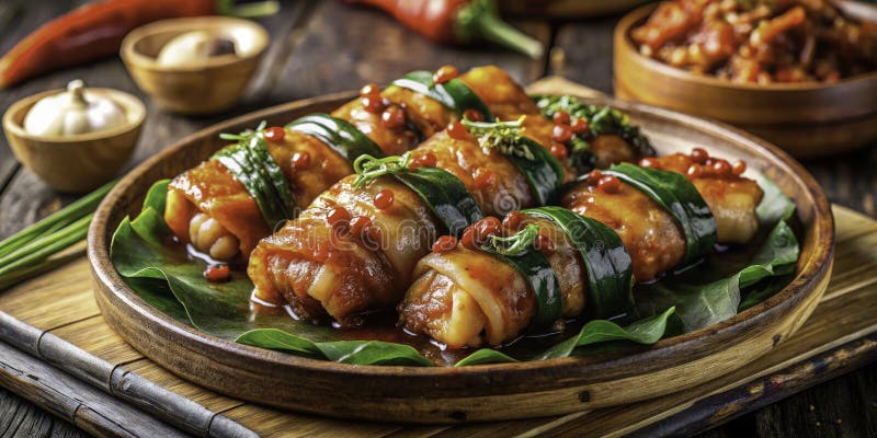 Schmucke koreanische Bossam zart Schweine Schweinebauch Bauch aromatischen Perilla würzig Knoblauch Genuss vektor abbildung
