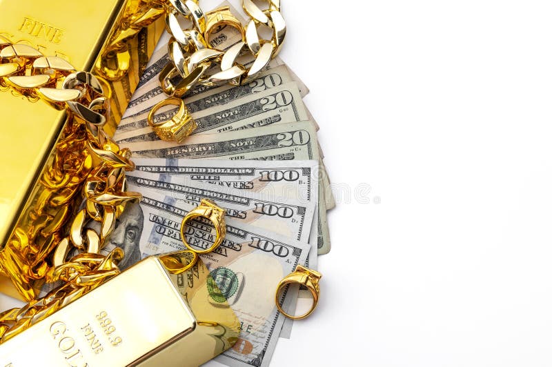 Schmuckkäufer-Pfandhaus und kaufen und verkaufen Edelmetalle, Konzept, dasthema mit einem Haufen US-Dollars Goldene Ringhalskette