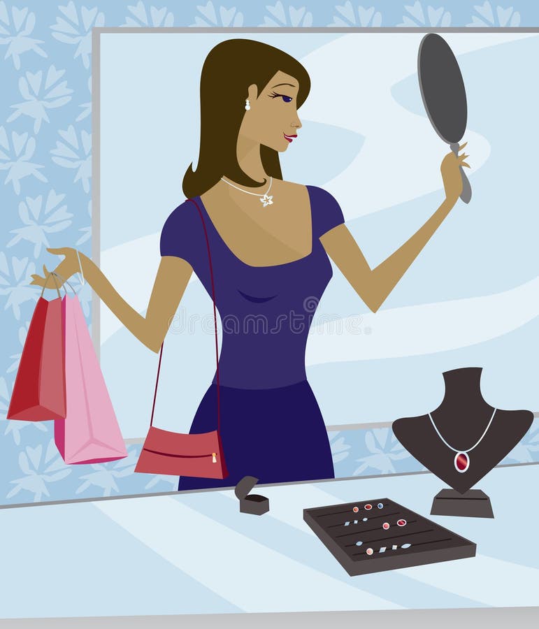 Woman shopping for jewelry in a boutique - using a mirror to try on a necklace. Woman shopping for jewelry in a boutique - using a mirror to try on a necklace