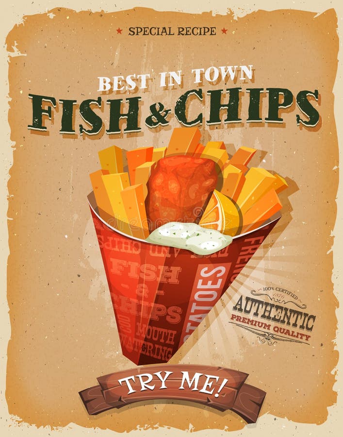 Schmutz und Weinlese-Fische und Chips Poster