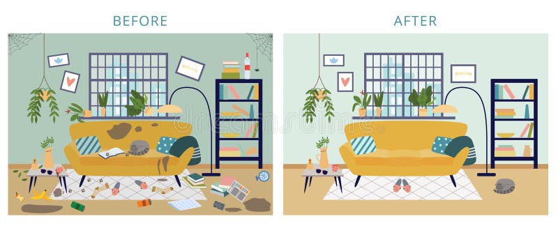 Schmutzig und sauberen Raum vor und nach dem Reinigen der flachen Karikaturvektorillustration lizenzfreie abbildung