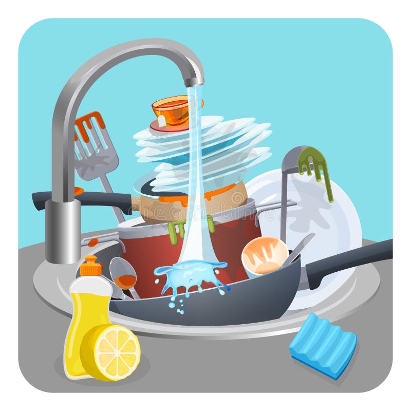 Schmutzige Tellerplatten und -wannen in der Wanne unter fließendem Wasser vektor abbildung Schmutzige Tellerplatten und -wannen in der Wanne unter fließendem Wasser vektor abbildung