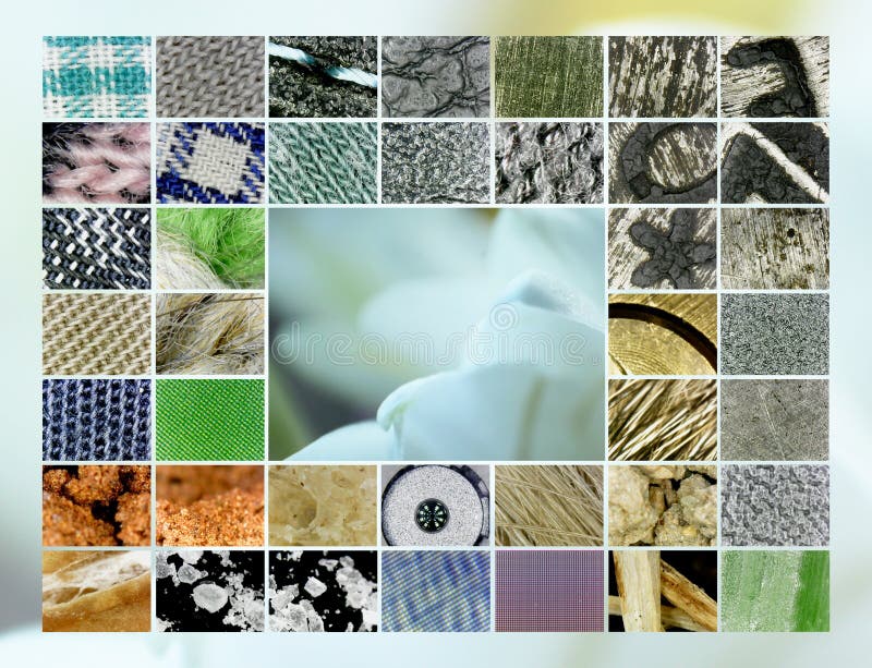 The large set of the forty microscopic, magnified eight-hundred times &#x28;except the macro shoot of the white flower in the centre&#x29;, details of the different kinds of materials. Cotton and synthetic fabric fibres, acrylic yarn, stitch in a leatherette case, leatherette, the scorched engraved lettering on the bottom of the used stainless steel pot, zinc padlock, instant coffee, grains of salt, paper print raster, cellphone camera, hair, sand, RGB pattern of the LCD monitor, organic materials and food. The large set of the forty microscopic, magnified eight-hundred times &#x28;except the macro shoot of the white flower in the centre&#x29;, details of the different kinds of materials. Cotton and synthetic fabric fibres, acrylic yarn, stitch in a leatherette case, leatherette, the scorched engraved lettering on the bottom of the used stainless steel pot, zinc padlock, instant coffee, grains of salt, paper print raster, cellphone camera, hair, sand, RGB pattern of the LCD monitor, organic materials and food.