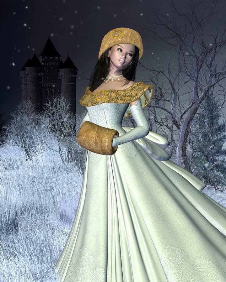 Digital render of a snow princess standing in a winter landscape outside a fairytale castle. Digital render of a snow princess standing in a winter landscape outside a fairytale castle