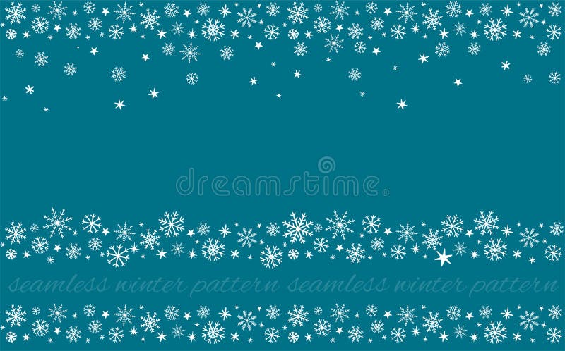 Decorative set of winter hand drawn snowflakes seamless patterns, borders, on blue background with snow, stars, ornament for card, invitation. Decorative set of winter hand drawn snowflakes seamless patterns, borders, on blue background with snow, stars, ornament for card, invitation
