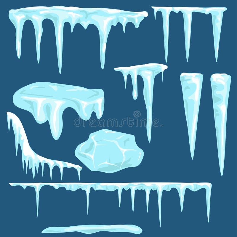 Snow icicles, snow caps set. Winter decoration element. Vector template in cartoon style. Snow icicles, snow caps set. Winter decoration element. Vector template in cartoon style