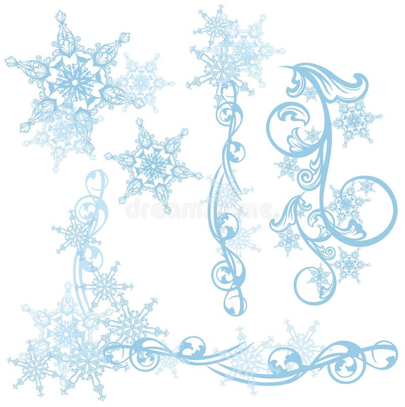 Snowflakes decorative vector design elements - winter season snow frost swirl decor. Snowflakes decorative vector design elements - winter season snow frost swirl decor