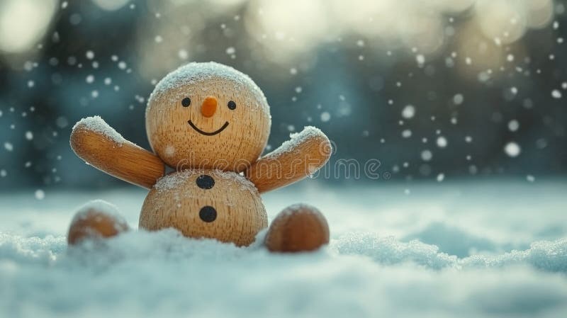 Schneemann aus Holz in einer schneebedeckten Landschaft stockbild