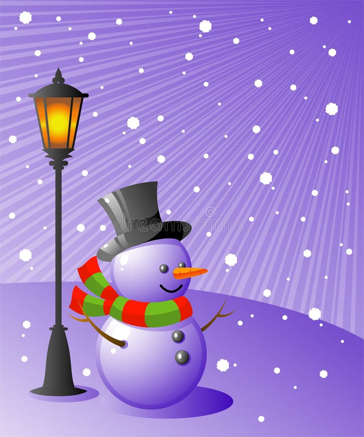 Snowman stands under a lamp on a snowy evening. EPS 8. Snowman stands under a lamp on a snowy evening. EPS 8