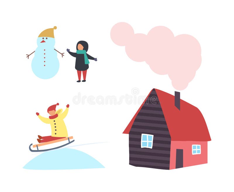 Schneemann und Kind, Häuschen-Haus mit Kamin-Ikone vektor abbildung Schneemann und Kind, Häuschen-Haus mit Kamin-Ikone vektor abbildung