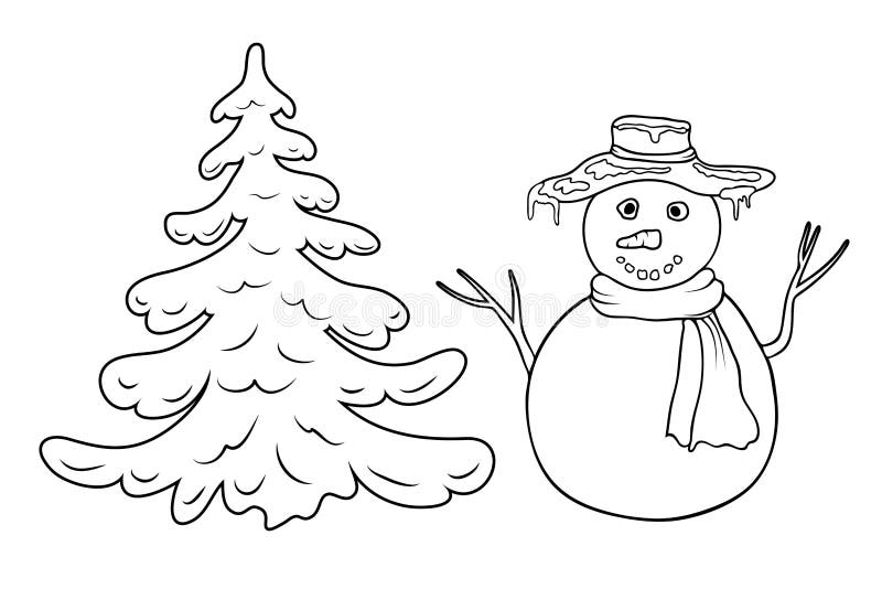 Schneemann Und Tannenbaum Umriss Silhouette In Weisser Farbe Farbseite Mit Schneemann Und Tannenbaum Stock Abbildung Illustration Von Farbseite Weisser