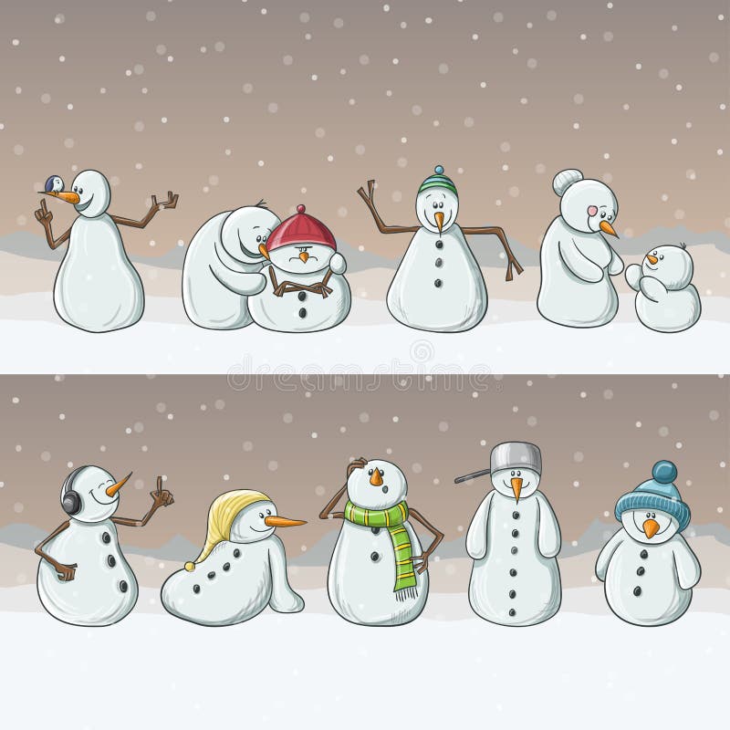 Schneemannzeichentrickfilm-figuren, stehend in der Reihe in den Schneefällen für Weihnachten stock abbildung Schneemannzeichentrickfilm-figuren, stehend in der Reihe in den Schneefällen für Weihnachten stock abbildung