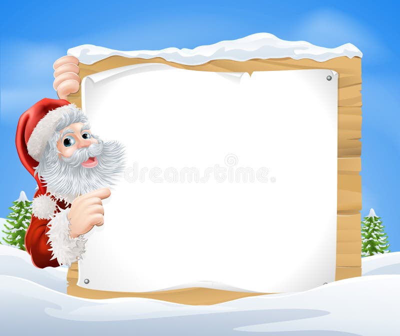 An illustration of a snow scene Christmas Santa sign with Santa Claus peeking round the sign and pointing in the middle of a winter landscape. An illustration of a snow scene Christmas Santa sign with Santa Claus peeking round the sign and pointing in the middle of a winter landscape