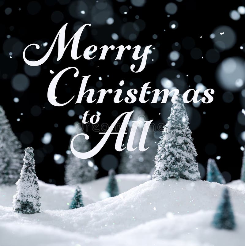 Schneewaldlandschaft mit Bäumen und glitzerndem weißen Schnee. Frohe Weihnachten für alle Texte lizenzfreies stockfoto