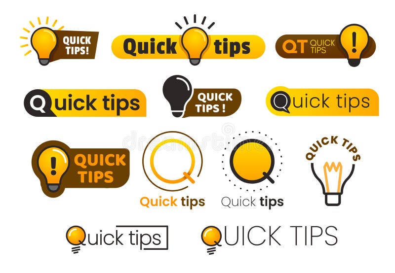 Schnelle Tipps des Logos Gelbe Glühlampenikone mit quicks Tipptext Lampe des Rateideenvektor-Fahnensatzes
