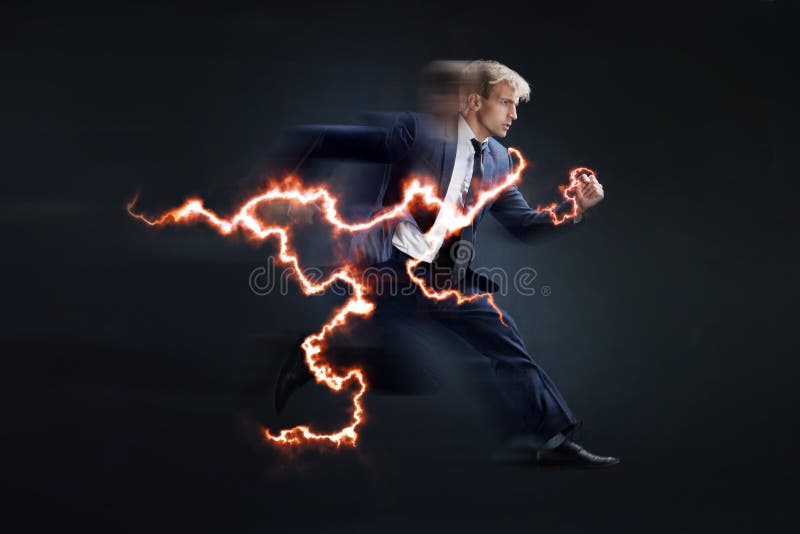 Schnelles Geschäft Laufender Geschäftsmann aufgeladen mit Blitz, Konzept lizenzfreie stockfotografie Schnelles Geschäft Laufender Geschäftsmann aufgeladen mit Blitz, Konzept lizenzfreie stockfotografie