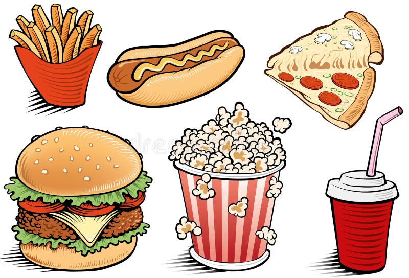 Schnellimbisseinzelteilhamburger, Fischrogen, Würstchen, Getränk, Popcorn, Pizza - übergeben Sie Zeichnung lizenzfreie abbildung Schnellimbisseinzelteilhamburger, Fischrogen, Würstchen, Getränk, Popcorn, Pizza - übergeben Sie Zeichnung lizenzfreie abbildung