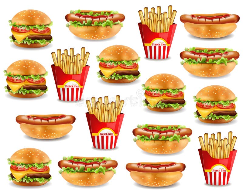 Schnellimbissmuster mit Burger, Hotdog und Pommes-Frites Realistische Illustrationen 3d des Vektors