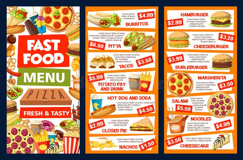 Fastfood and street food vector menu. Burrito and pitta, tacos, potato fry and drink, hot dog and soda, pie and nachos. Hamburger and cheeseburger, pizza margarita, salami and noodles. Fastfood and street food vector menu. Burrito and pitta, tacos, potato fry and drink, hot dog and soda, pie and nachos. Hamburger and cheeseburger, pizza margarita, salami and noodles