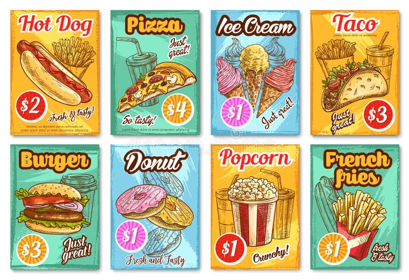 Fast food posters sketch design for fastfood restaurant or bistro menu template. Vector pizza, cheeseburger burger or hot dog sandwich and taco or burrito, donut or fries and coffee or soda drink. Fast food posters sketch design for fastfood restaurant or bistro menu template. Vector pizza, cheeseburger burger or hot dog sandwich and taco or burrito, donut or fries and coffee or soda drink