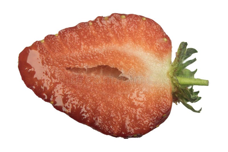 Schnitterdbeerscheiben-Oberflächenabschluß auf Makro isoliert stockfotos