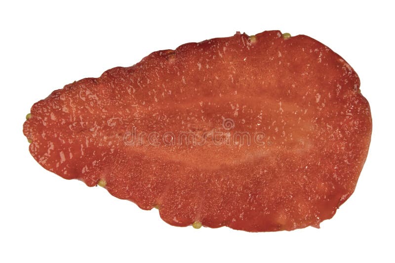 Schnitterdbeerscheiben-Oberflächenabschluß auf Makro isoliert stockfotos