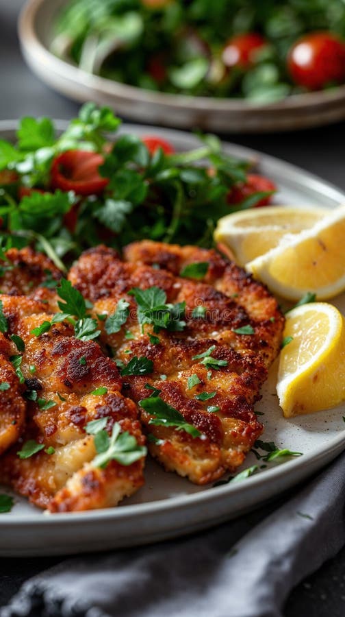 Schnitzel de pollo crujiente con ensalada fresca y lonchas de limón stock de ilustración